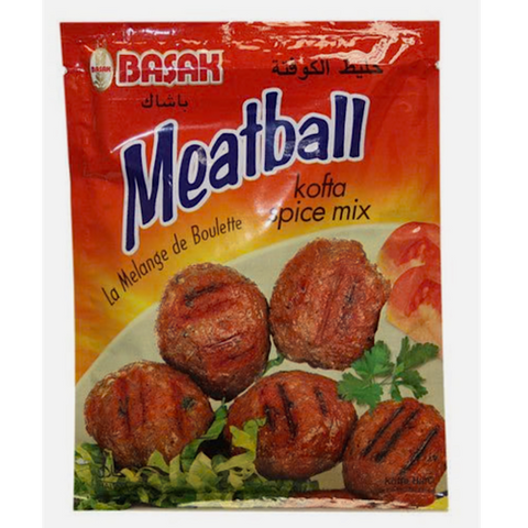 Preparing delicious meatballs is easier now with Basak Kofte Harci (Meatball Mix)! Just dilute in lukewarm water and mix with the meat, cook in tomato sauce and serve this mouthwatering recipe to your guests! You can have it with rice or on its own. Basak Kofte Harci (Meatball Mix) is made with corn starch, wheat flour, garlic, dried onions, a special blend of spices and flavour enhancer. Order today to enjoy heartwarming recipes with your friends and family.