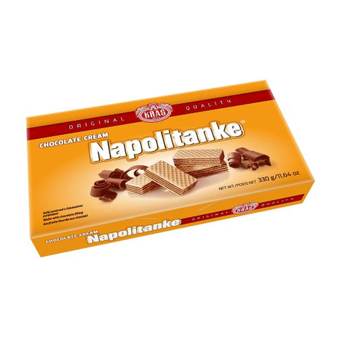 Crunchy wafers outside and rich chocolate filling inside, this Kras Chocolate Cream Napolitanke will satisfy your hunger anytime! It is also perfect with hot chocolate or coffee. You can have it on your own or enjoy it with your close ones. This yummy sweet delight will make you happy after a single bite! Kras Chocolate Cream Napolitanke is made of wheat flour, chocolate and natural flavour.
