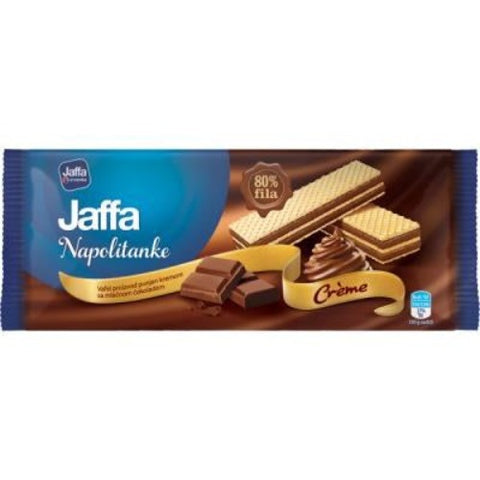 A perfect match for your evening coffee, Jaffa Napolitanke Chocolate Creme Wafers are made of wheat flour, whey powder, soya lecithin, and cocoa. This nutritious snack contains fibre, proteins, and carbohydrates. You can enjoy it alone or share it with your friends. These delicious wafers will satisfy your hunger instantly. Order this once and it will definitely get a permanent place in your pantry!