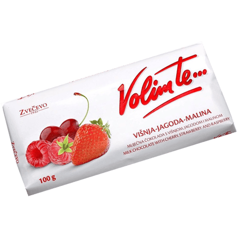 A classic chocolate bar, filled with fresh and natural cherry, strawberry and raspberry. This heartwarming milk chocolate is extremely delicious and nutritious for health. It contains proteins, minerals, vitamins and carbohydrates. You can have it whenever you feel hungry. An all-time favourite for any age group. You can also prepare yummy desserts with Svecevo Volim Cherry & Strawberry With Raspberry.