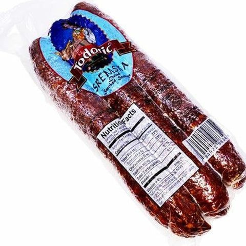 Sremska Kobasica is smoked pork sausage, made of premium quality meat and its taste is enhanced because of a special spicy seasoning. Amaze yourself by experiencing the delicious culinary possibilities of Todoric Smoked Pork Sausage! You can have it in different styles like pan sauté or grilled dish. These sausages are rich storehouses of proteins. If you have a busy schedule, these sausages are perfect to prepare quick meals.