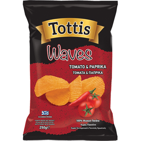 Treat yourself with this crunchy offering of Tottis Waves Tomato & Paprika are made from the best quality potatoes and seasoned with tomato and paprika. You can have it with your favorite beverage or munch whenever you feel hungry. Your kids will also love this savory delight in their lunchbox. Order Tottis Waves Tomato & Paprika today and experience the taste of yummy snacks.